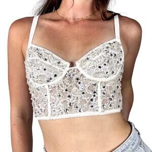 Vintage 1990s DKNY Jeans Lace Bustier Top Beaded Pearls Rhinestones Size Small